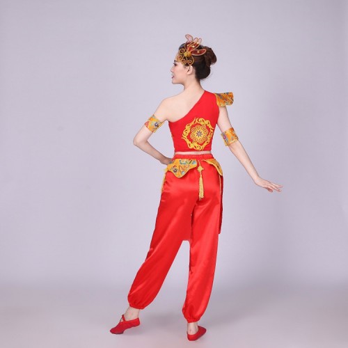 Women's chinese folk dance costumes gold with red dragon style  ancient traditional drummer stage performance dress tops and pants